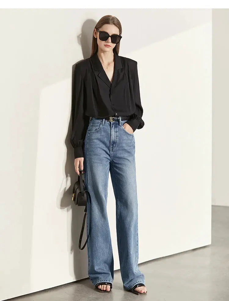 Amii Minimalism Vintage Denim Jeans Women Loose Wide Leg Autumn Pants