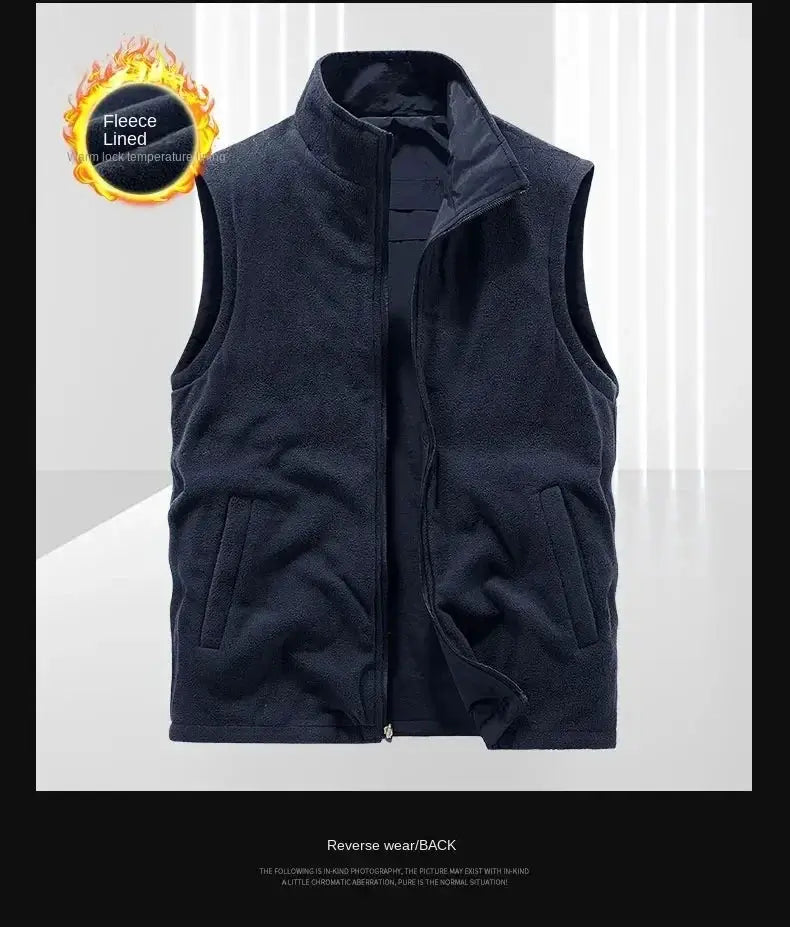 Men's navy fleece-lined heated vest with zip front and side pockets