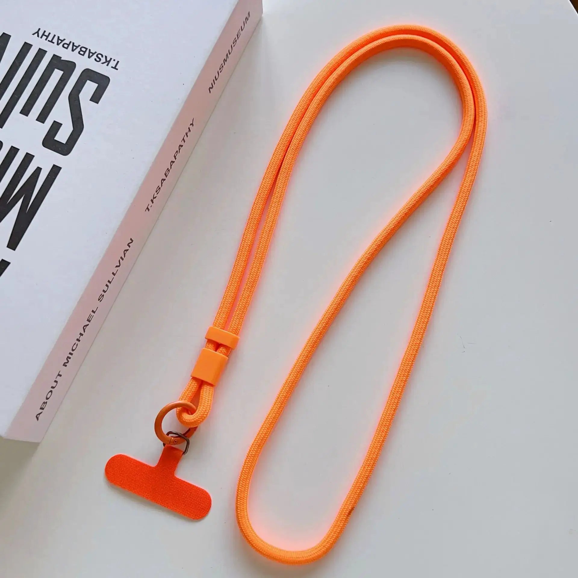Orange mobile phone lanyard by Simples Market, solid color nylon rope with adjustable slider and hook