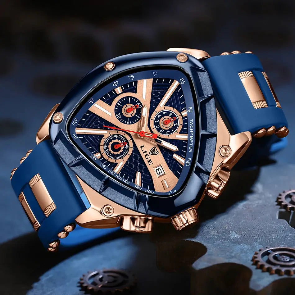 LIGE men’s luxury watch with blue strap and rose-gold case, large dial, chronograph, boxed
