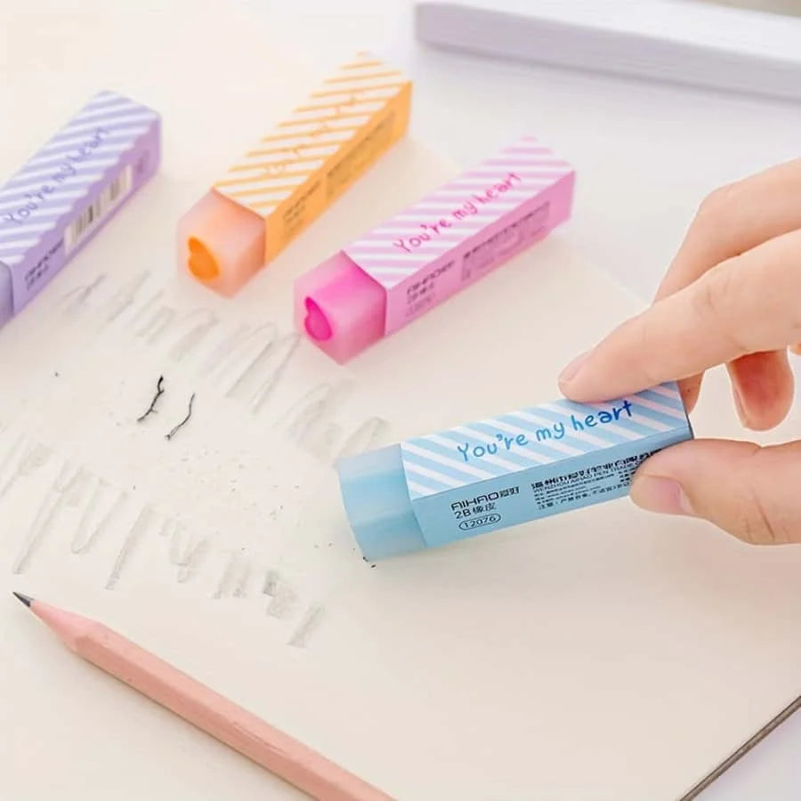 Pastel heart-pattern erasers set of 4 in blue, pink, purple and orange