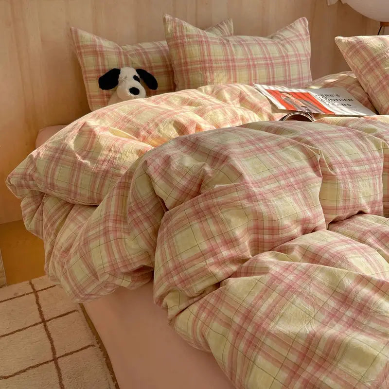 Duvet cover bedding set, 100% cotton, pink and yellow plaid with pillowcases