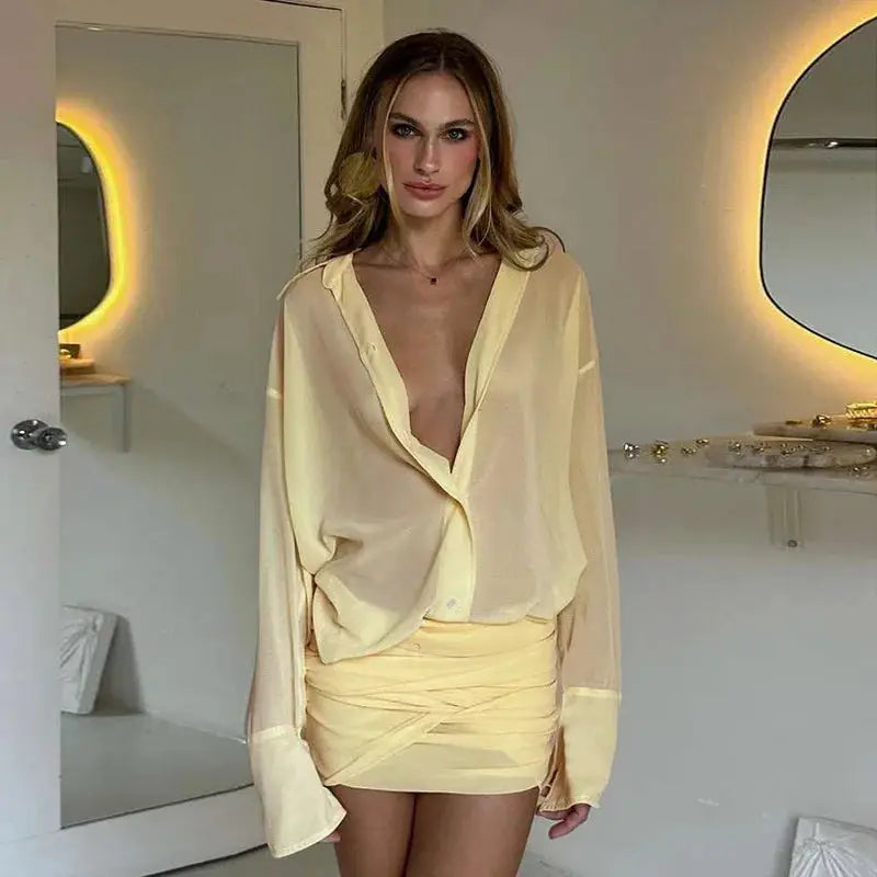See Through Mini Dress With Flare Sleeves Ruched Bandage Club Party