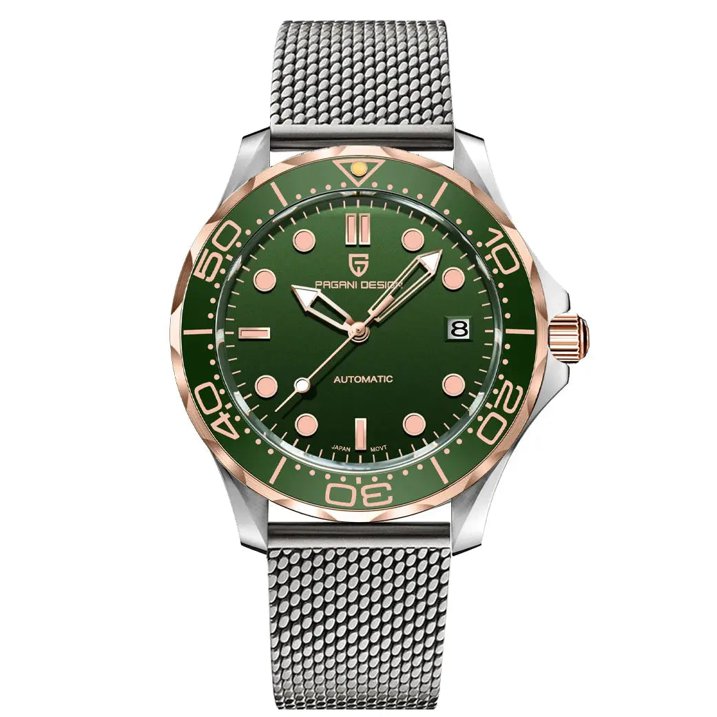 Pagani Design men's automatic watch with green dial, rose-gold bezel, stainless steel mesh band