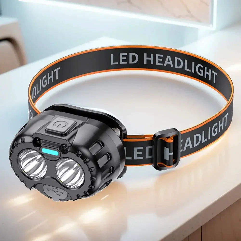 LED headlamp with black body, orange strap, IPX4 waterproof and dual lenses