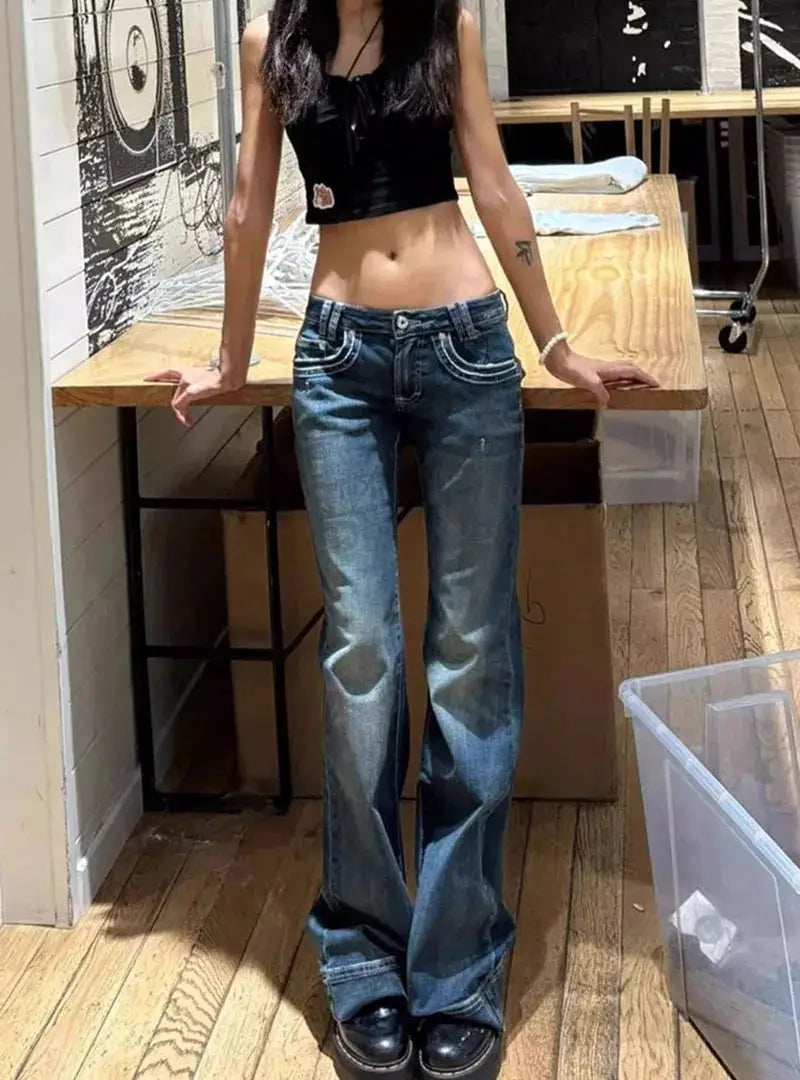 Vintage High Street Low Waist Jeans 2025 Wide Leg Y2K Denim Pants