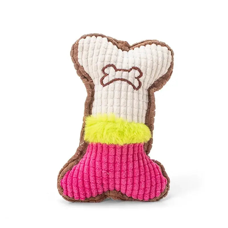 Simples Market plush dog bone chew toy for small/medium breeds; white top, pink bottom with neon yellow fur band