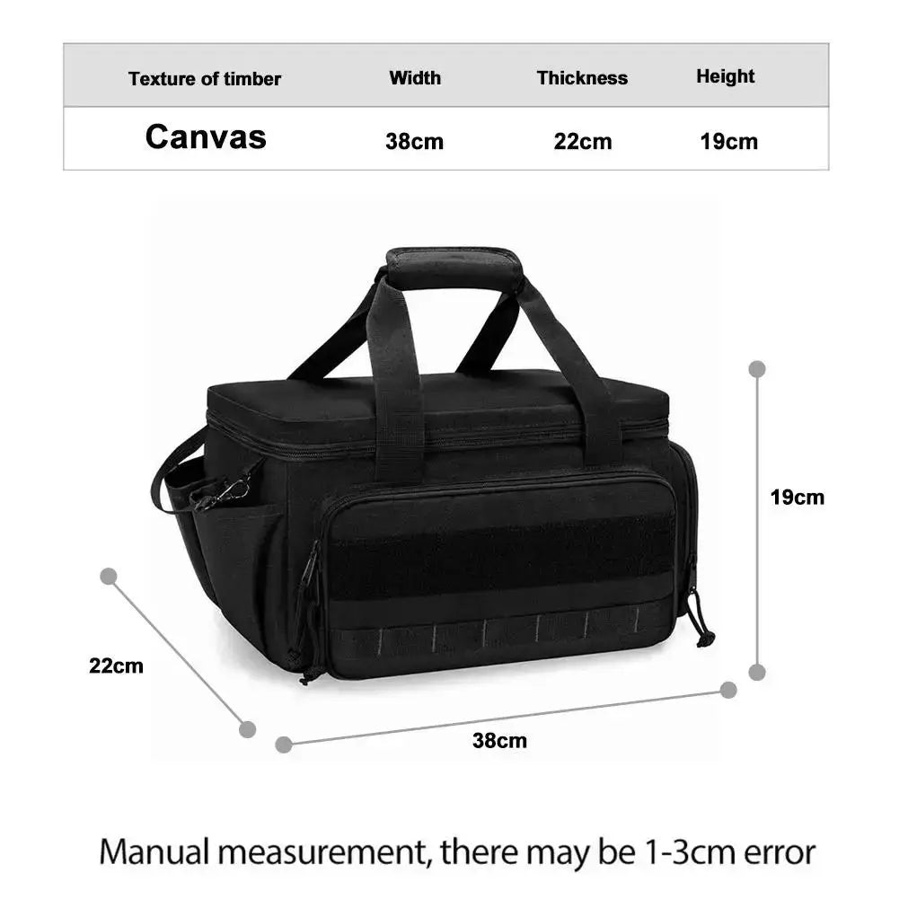 High-capacity tool storage bag in black with padded base and comfortable handles, featuring multiple compartments.
