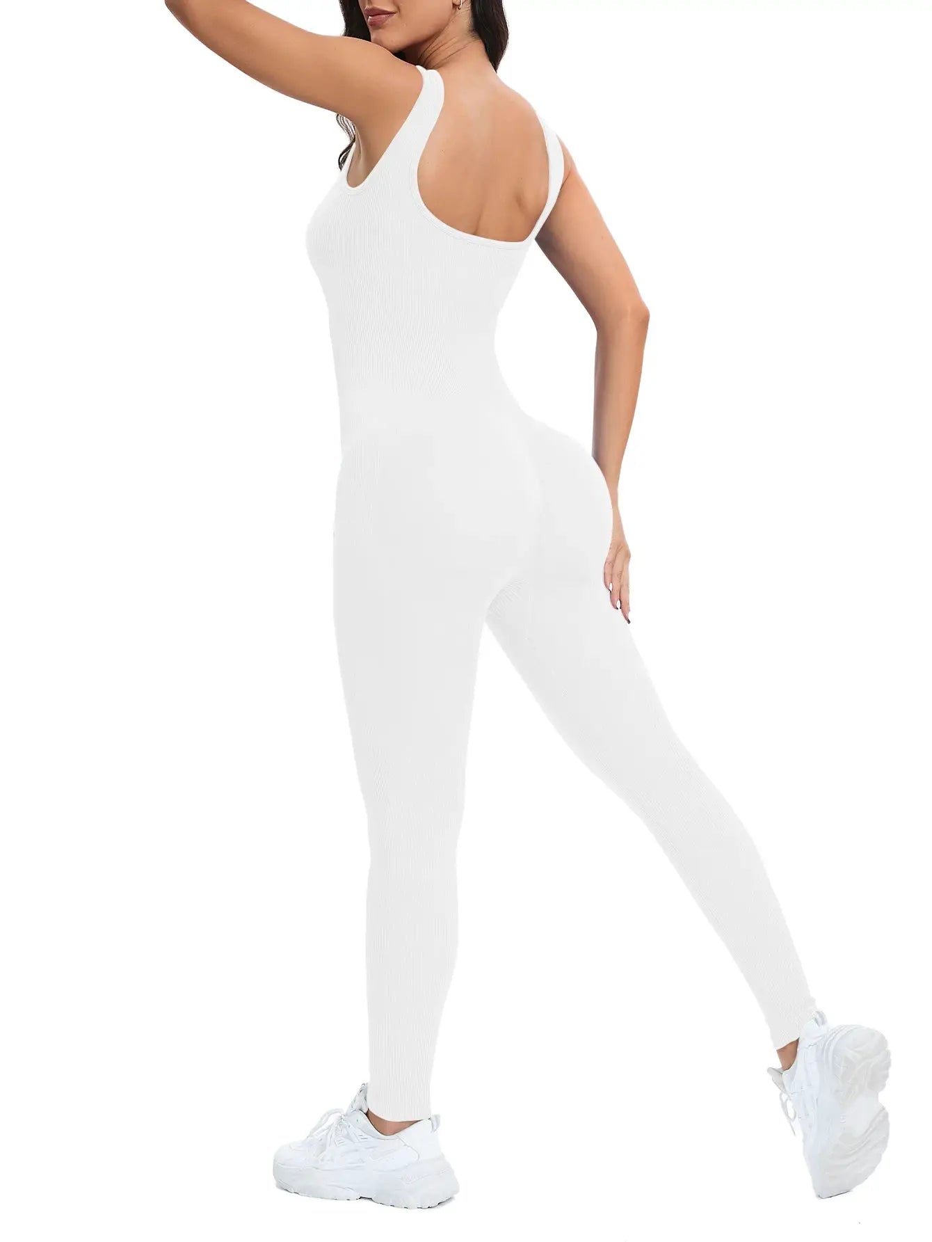 Shapewear jumpsuit for women, white ribbed fabric with built-in bra, sleeveless square-neck by Simples Market
