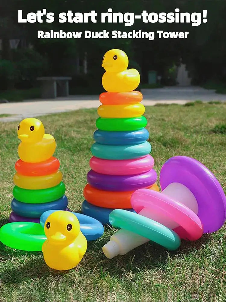 Yellow Duck Rainbow Tower Stacked Circle Toy Ring Toss Interactive Game For Early Learning And Birthday Gifts