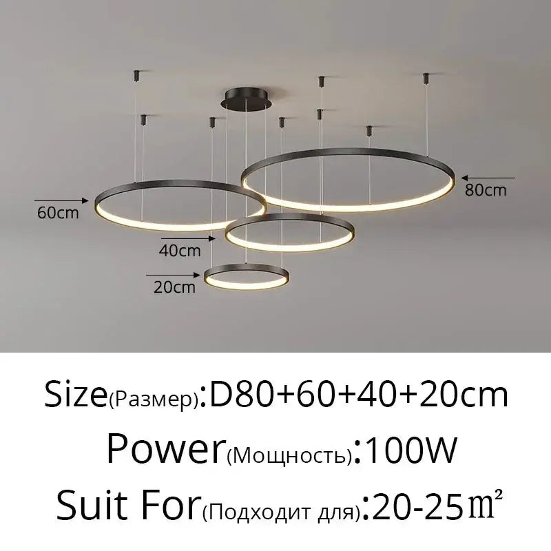 Minimalist ring pendant lights; black acrylic LED chandeliers, 3-piece ceiling-mounted set.