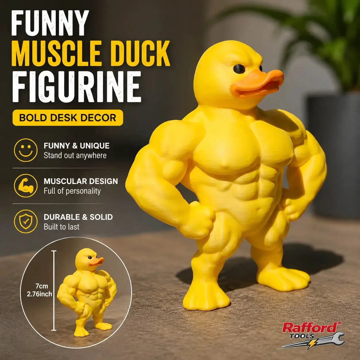 Muscle duck statue, yellow 3D desk figurine for indoor/outdoor decor; Simples Market