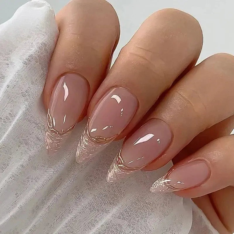 Glamora French Almond False Nails 24 Piece Press On Stiletto Tips With White Edge Design Glue Included For Wearable Glam
