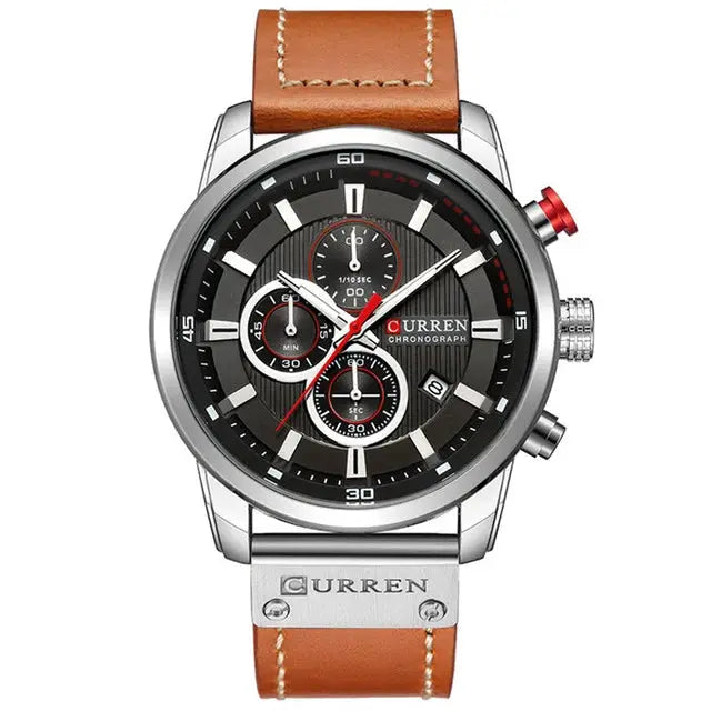 CURREN 8291 men's quartz chronograph watch with brown leather strap and black dial with subdials