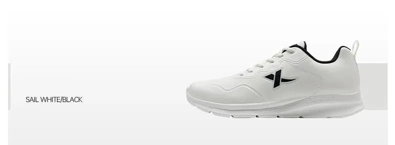 Xtep white leather men's winter running shoes with black accents, waterproof cushioned sole