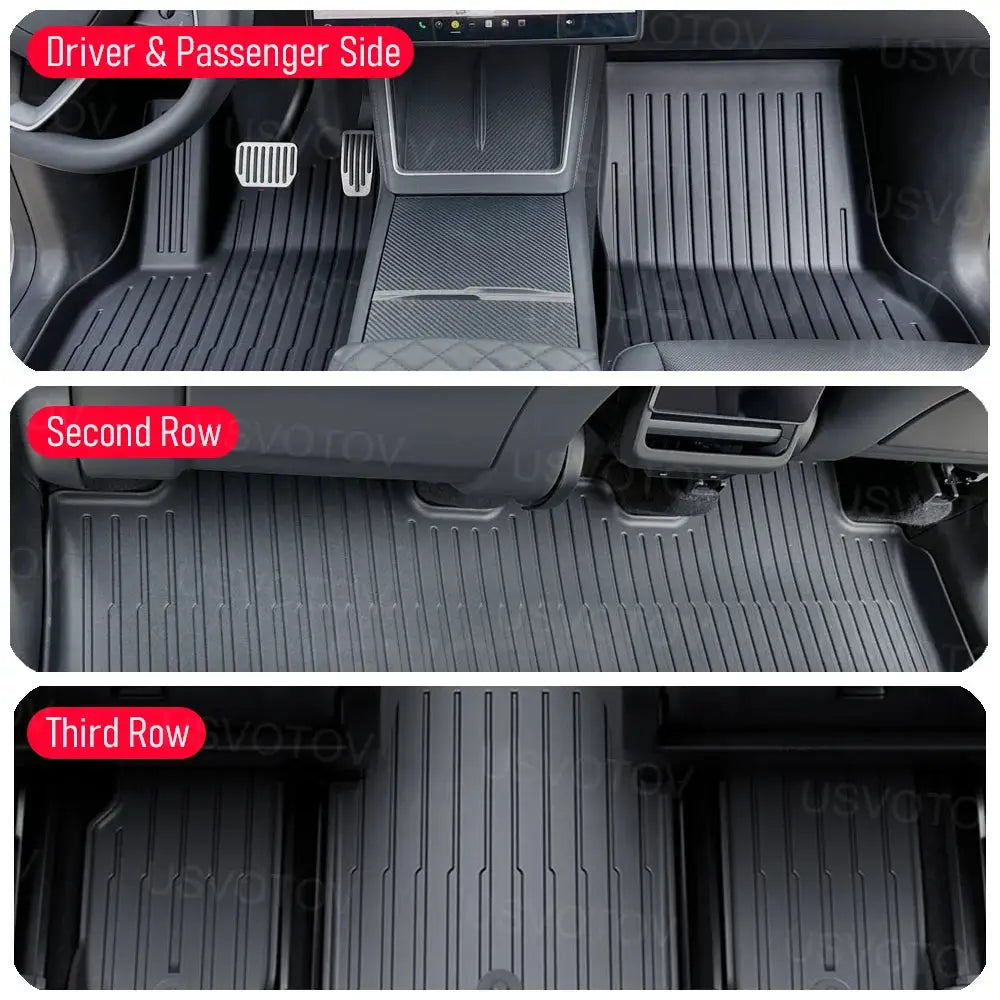 Simples Market USVOTOV all-weather floor mats for 2026 Tesla Model Y 6-seat; driver, passenger, second and third row set