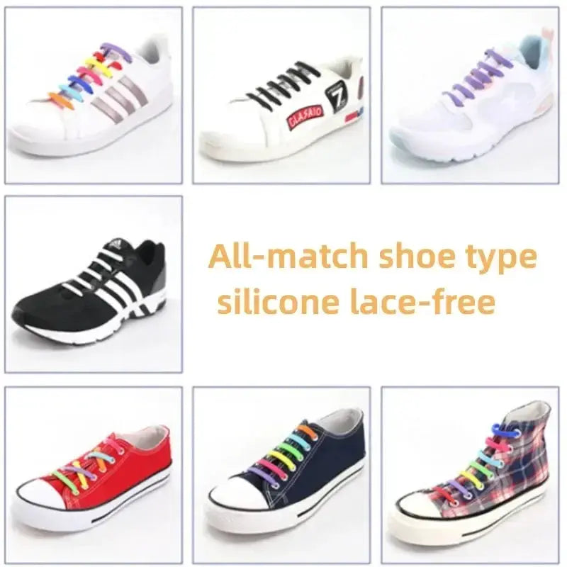 Elastic silicone shoelaces for sneakers, 16Pcs, no-tie, unisex, multicolor; Simples Market; 9 sneakers shown