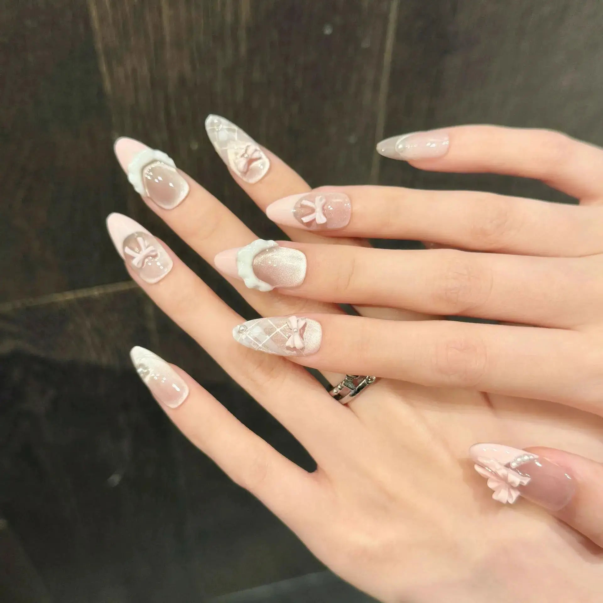 LuxeNail Cat Eye French Press On Nails With Pink Bow Decor Full Cover Almond Tips