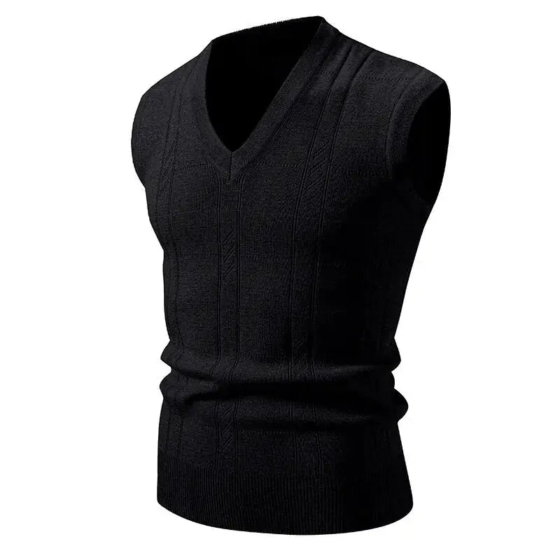 Men's black knitted sleeveless V-neck vest, classic pullover waistcoat for outdoor streetwear