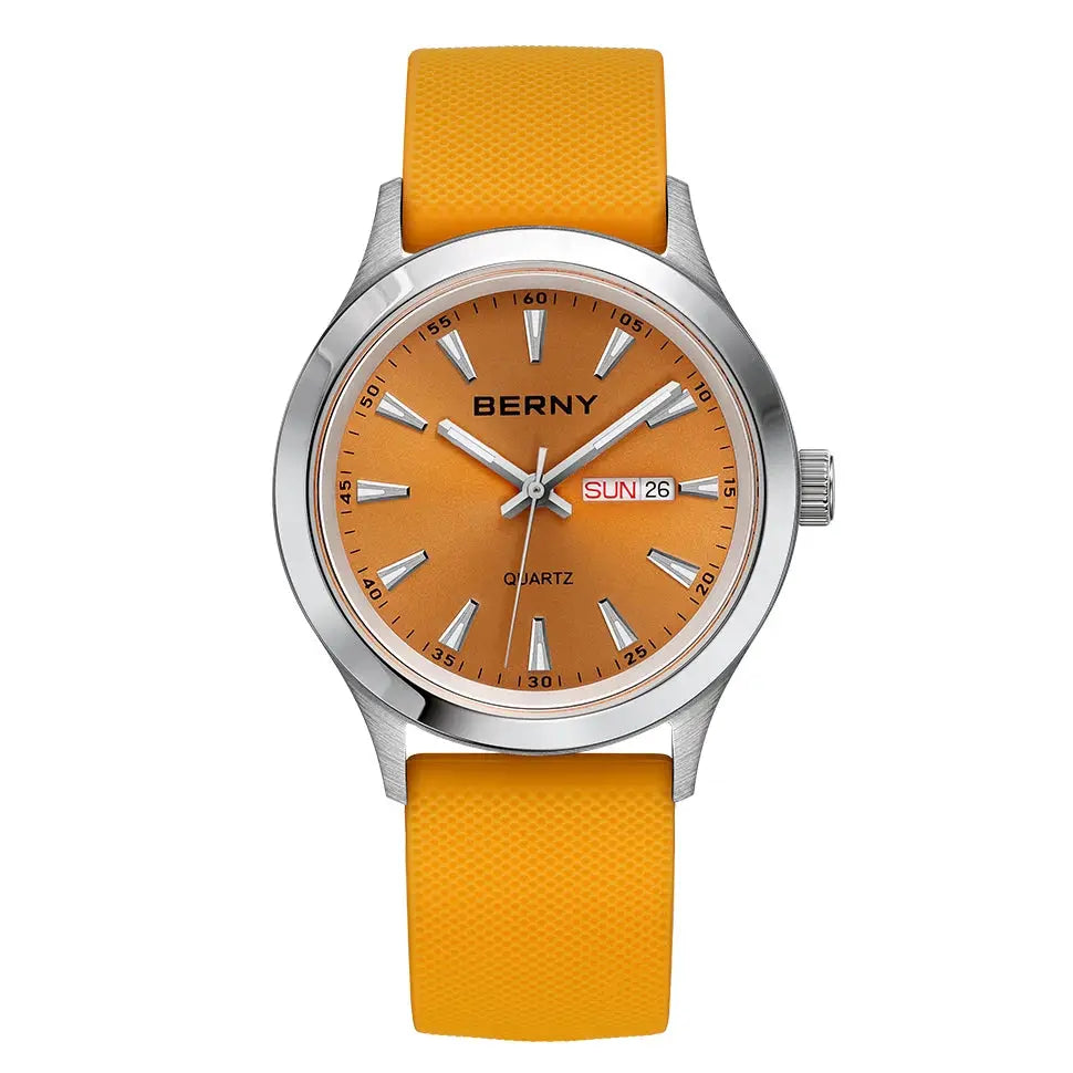 BERNY men's quartz wristwatch with orange dial and silicone strap, stainless steel case, luminous day-date window