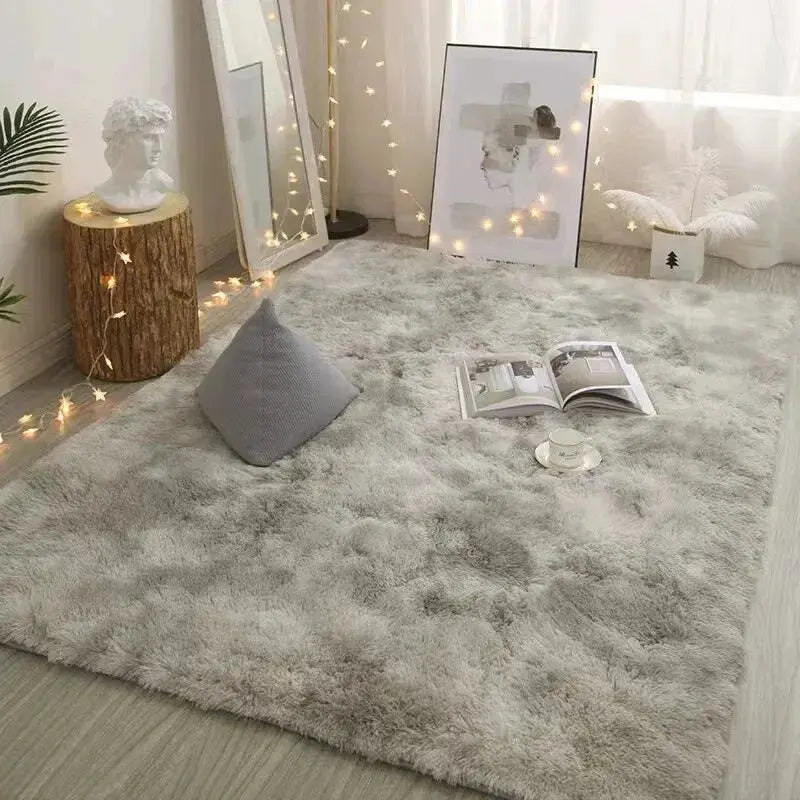 VIKAMA Silk Wool Rug, large light-gray fluffy carpet for bedroom or living room.