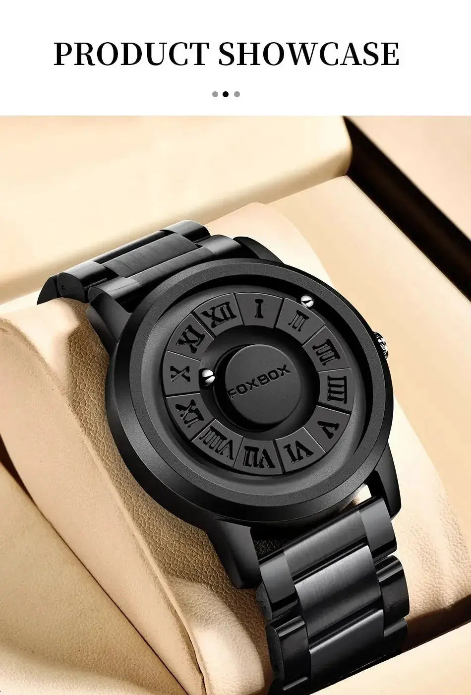 FOXBOX watch by Simples Market; black stainless steel band, Roman numeral dial, men's waterproof quartz timepiece.