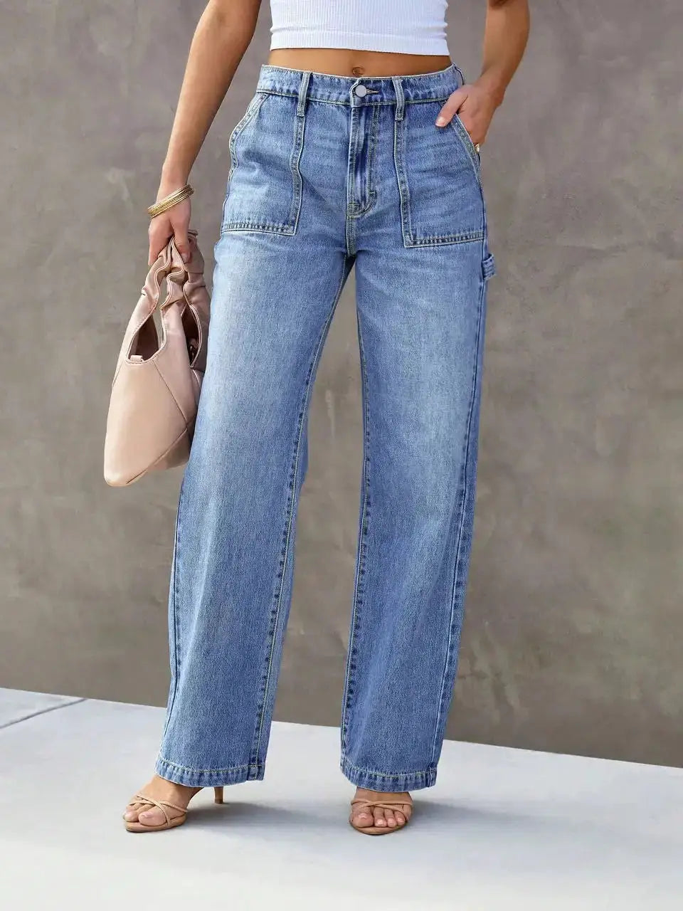 Women Light Blue Wide Leg Jeans Straight Leg Denim Pants Comfortable