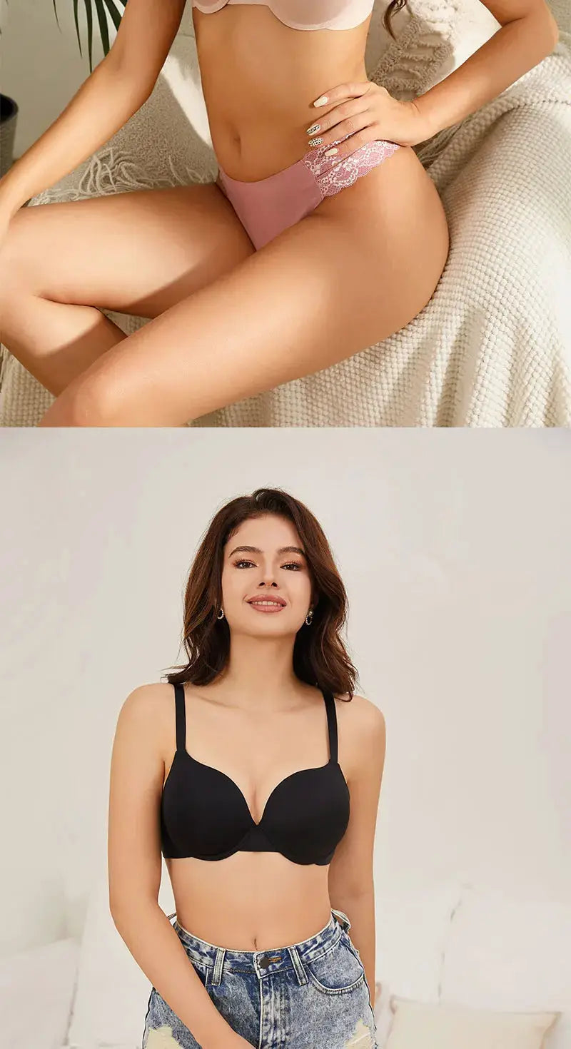 2-piece lingerie set: pink lace panty and black wireless push-up bra with adjustable straps