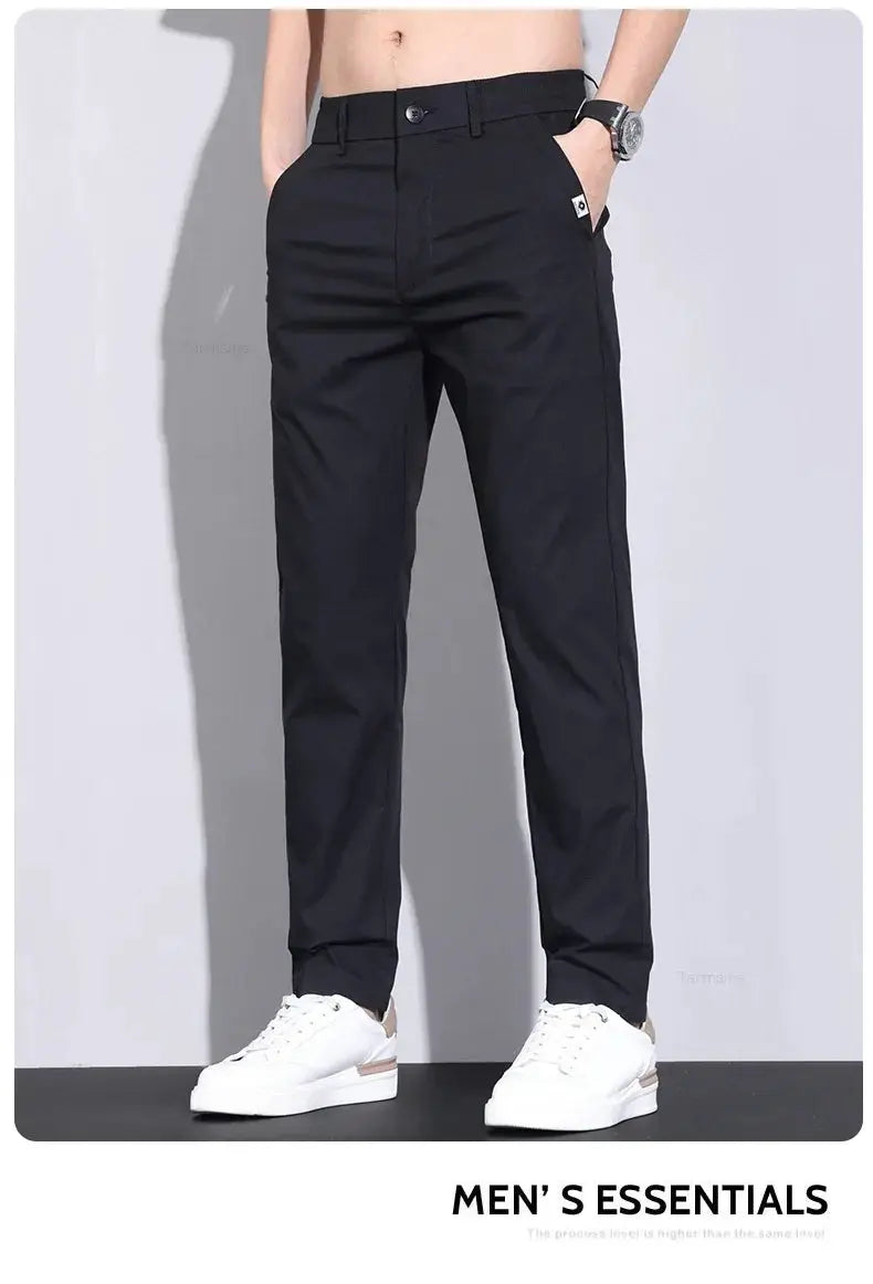 Ultra-thin elastic men's casual pants by Simples Market in black, slim-straight business trousers.
