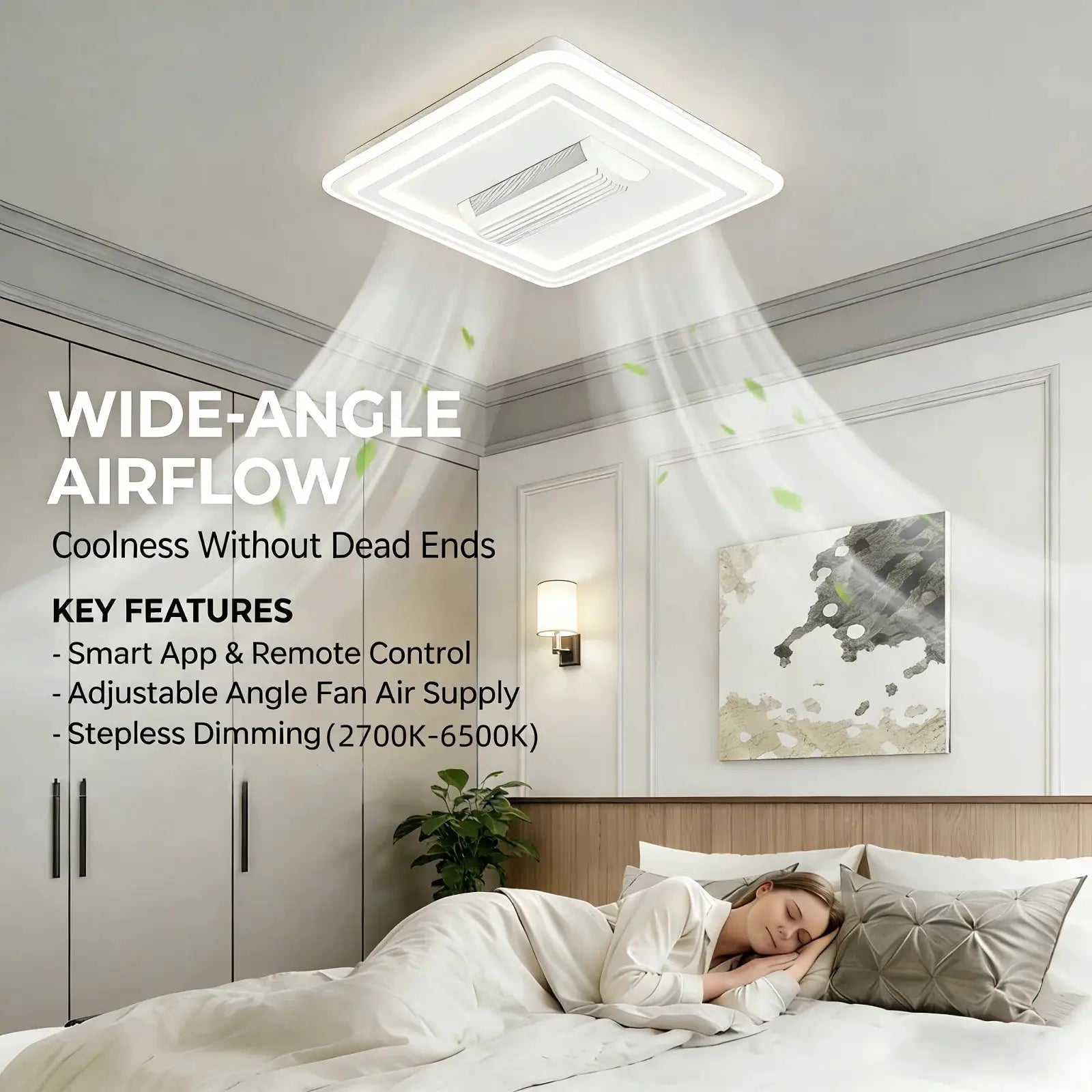 LED bladeless ceiling fan chandelier with square LED ring in white finish for living room and bedroom