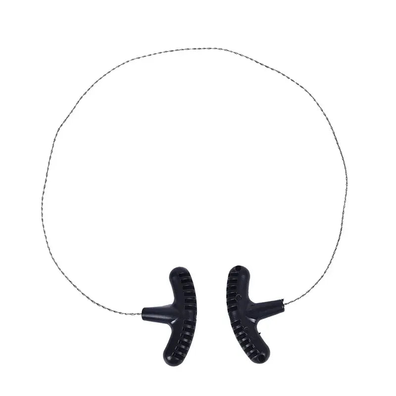 Manual rope chain saw with steel wire loop and black ergonomic handles for camping