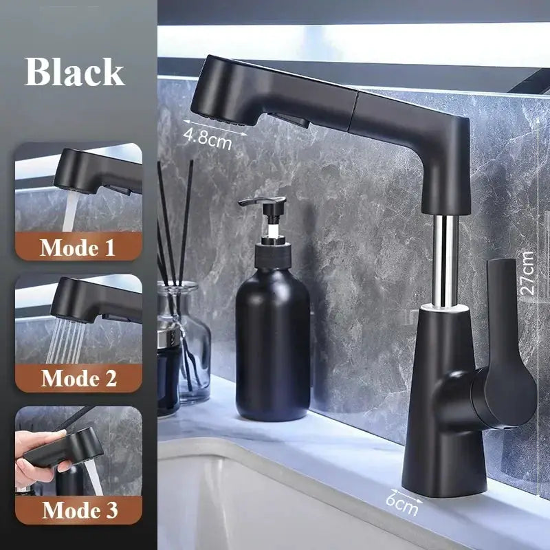Pull-out bathroom faucet, black Simples Market, 360° rotatable with 2 spray modes