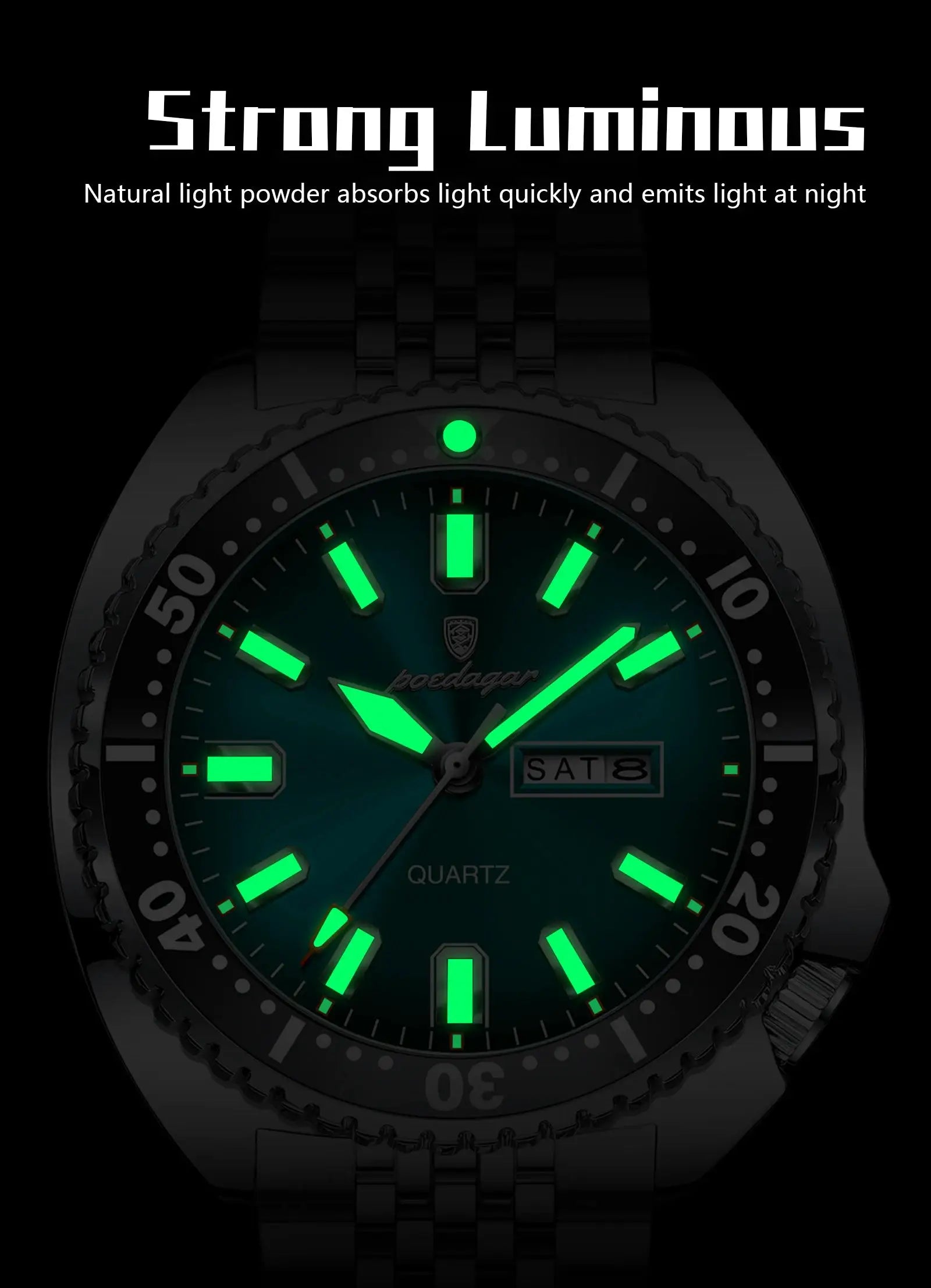 POEDAGAR luxury men's watch with luminous green dial, date window, stainless steel bracelet