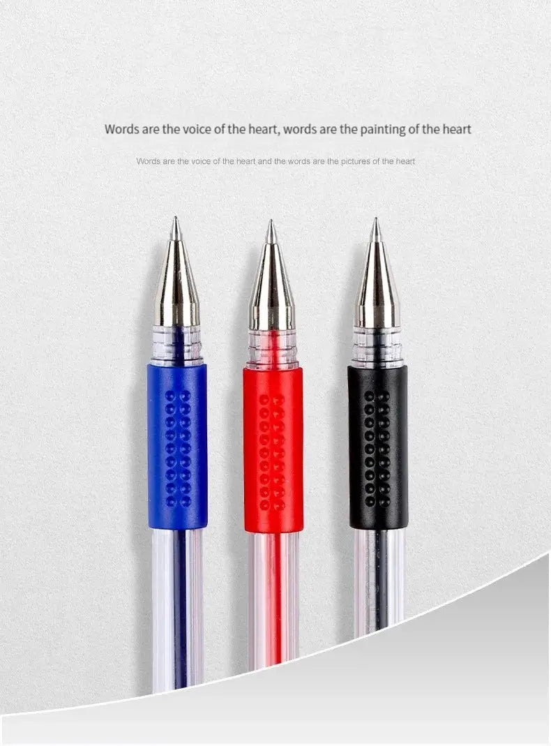 Gel pen set of 3 pens in blue, red and black with rubber grips and silver tips
