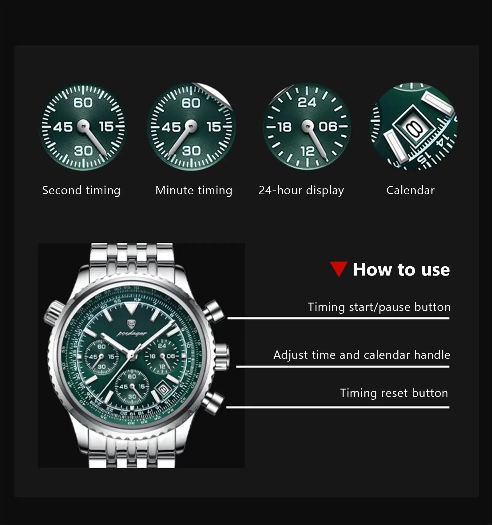 Simples Market POEDAGAR men's stainless steel chronograph watch with green dial, date calendar, waterproof
