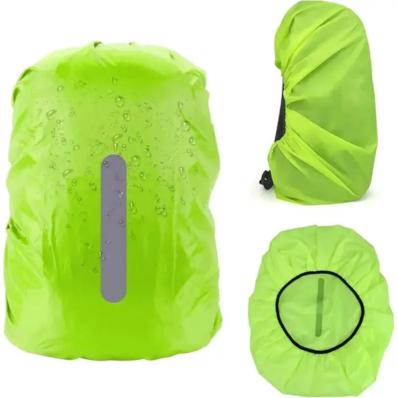 Reflective waterproof backpack rain cover in bright green with waterproof design and reflective strip for visibility.