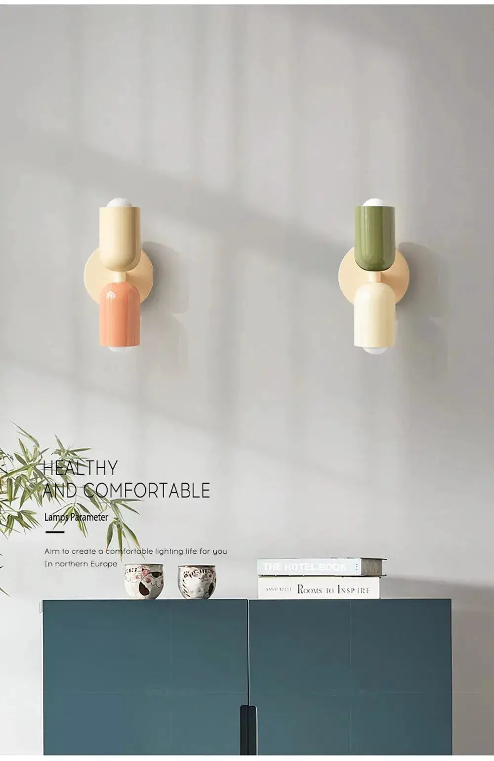 Nordic LED wall lamp pair by Simples Market; modern minimalist cream and pastel double-headed lights