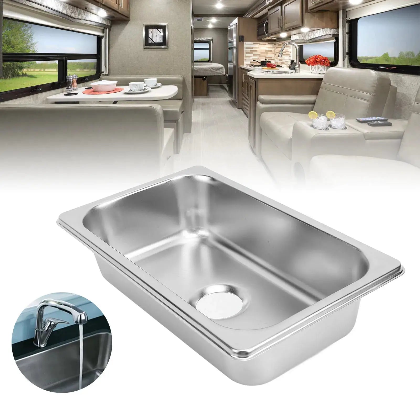 Rectangular 304 stainless steel RV kitchen sink with 40mm drain outlet