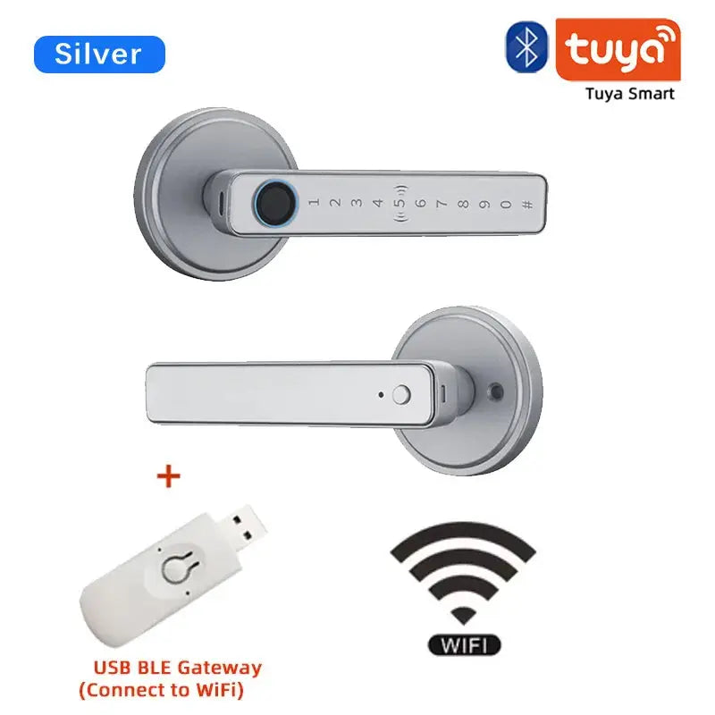 Tuya smart door lock with handle in silver finish, fingerprint keypad, and USB BLE gateway for WiFi