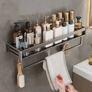 No-drill aluminum bathroom corner shelf with shampoo organizer and towel holder by Simples Market