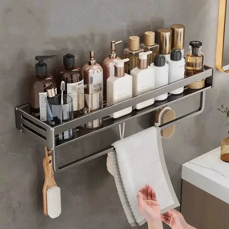 No-drill aluminum bathroom corner shelf with shampoo organizer and towel holder by Simples Market
