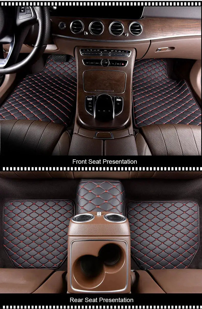 Simples Market universal PU leather car floor mats 5-piece set, black quilted with red diamond stitching, waterproof