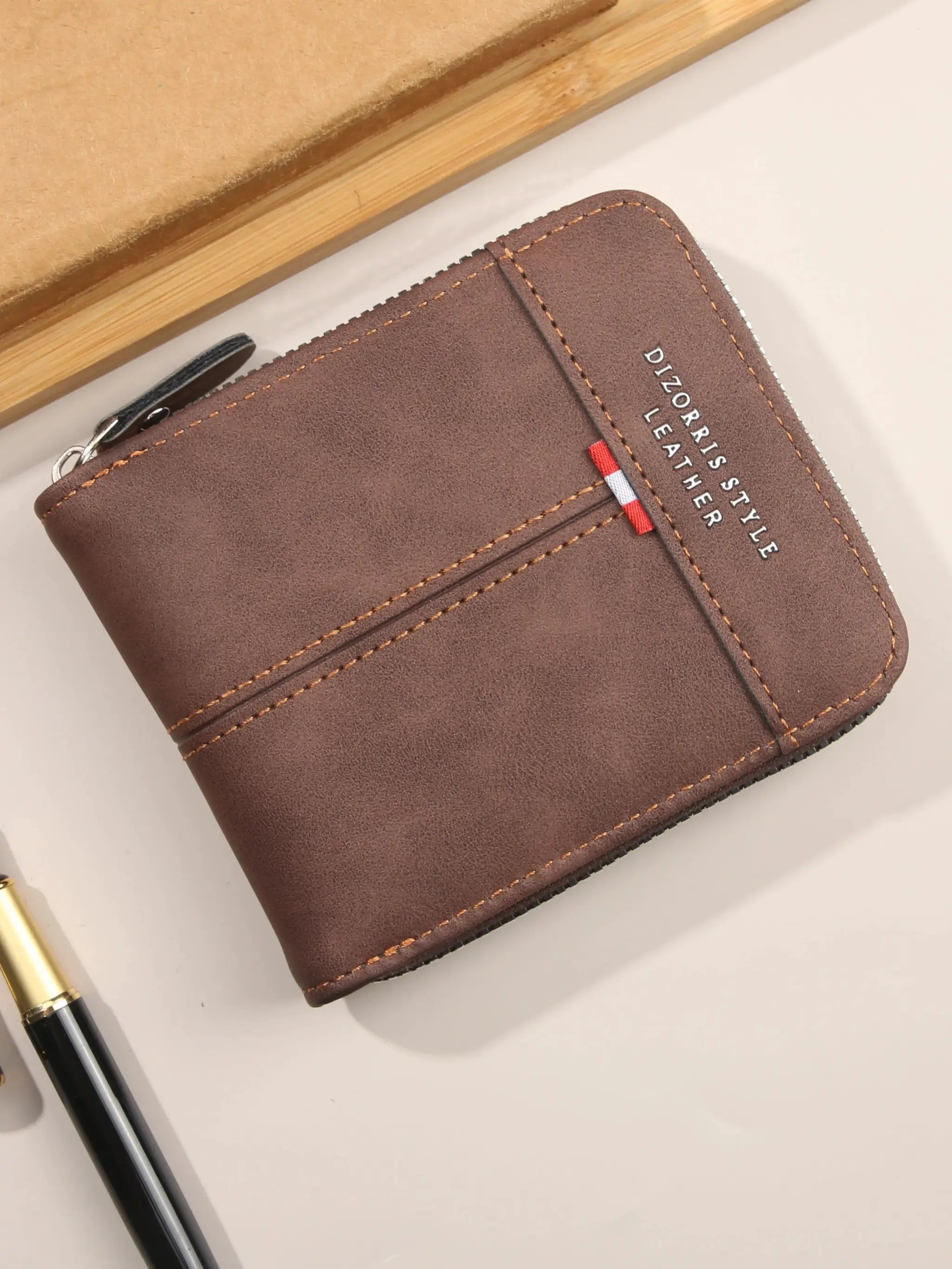 Leather wallet, brown zip-around with orange stitching, DIZORIS STYLE LEATHER branding