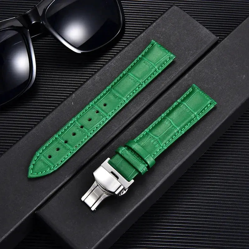 Remzeim Bamboo Pattern Genuine Leather Watch Strap First Layer Cowhide With Steel Butterfly Buckle 18mm 20mm 22mm 24mm