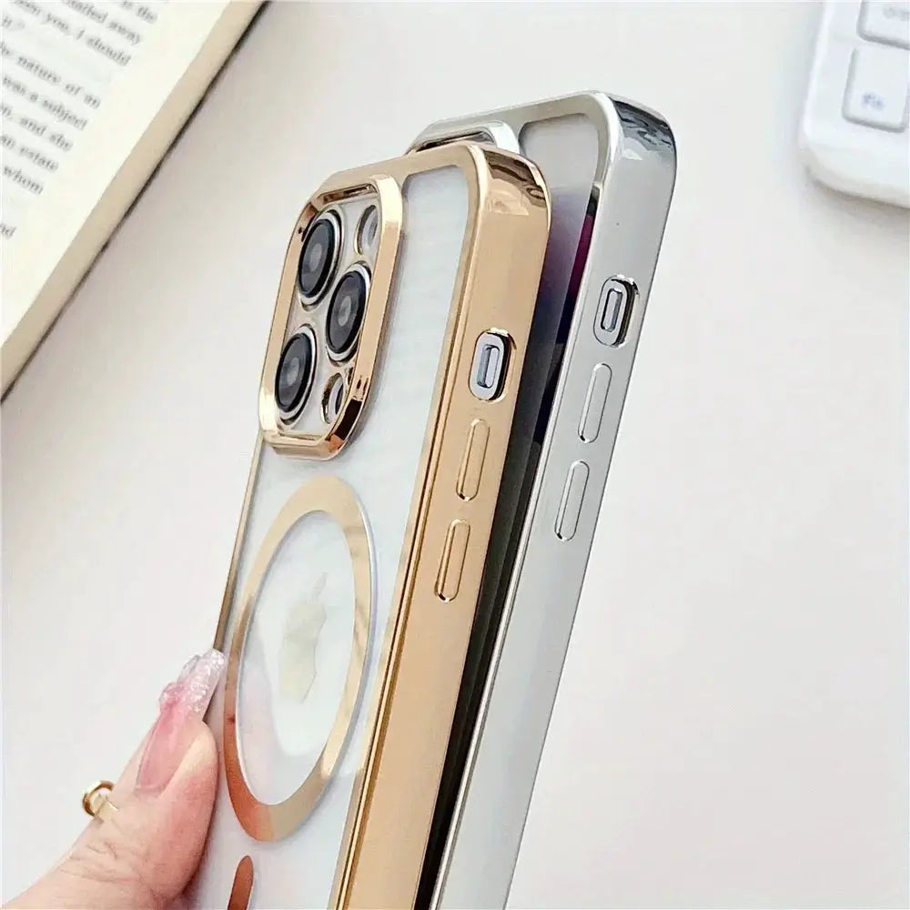 Crossbody Lanyard Plating Phone Case set of three for iPhone with MagSafe; gold, rose gold, silver.