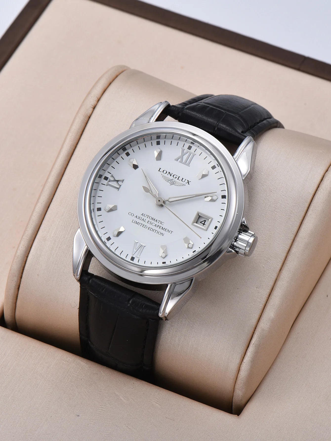 Longlux men's automatic watch with white dial, silver case, black leather strap and date window