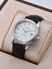 Longlux men's automatic watch with white dial, silver case, black leather strap and date window