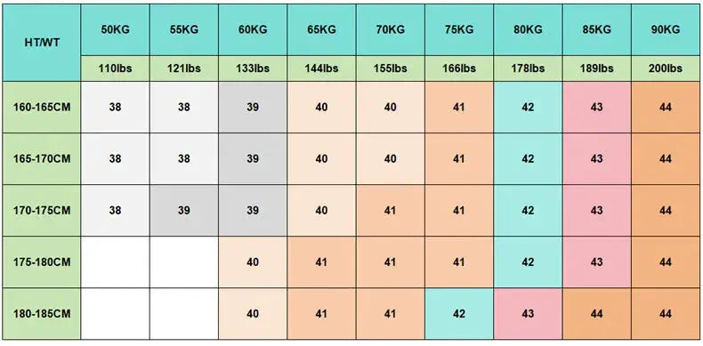 Men's long sleeve shirt size chart showing height and weight grid for four-season fit.