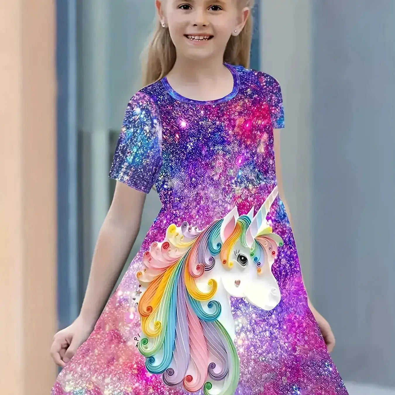 Girls Starry Unicorn Digital Print Round Neck Short Sleeve Party Casual Dress Ages Four To Six