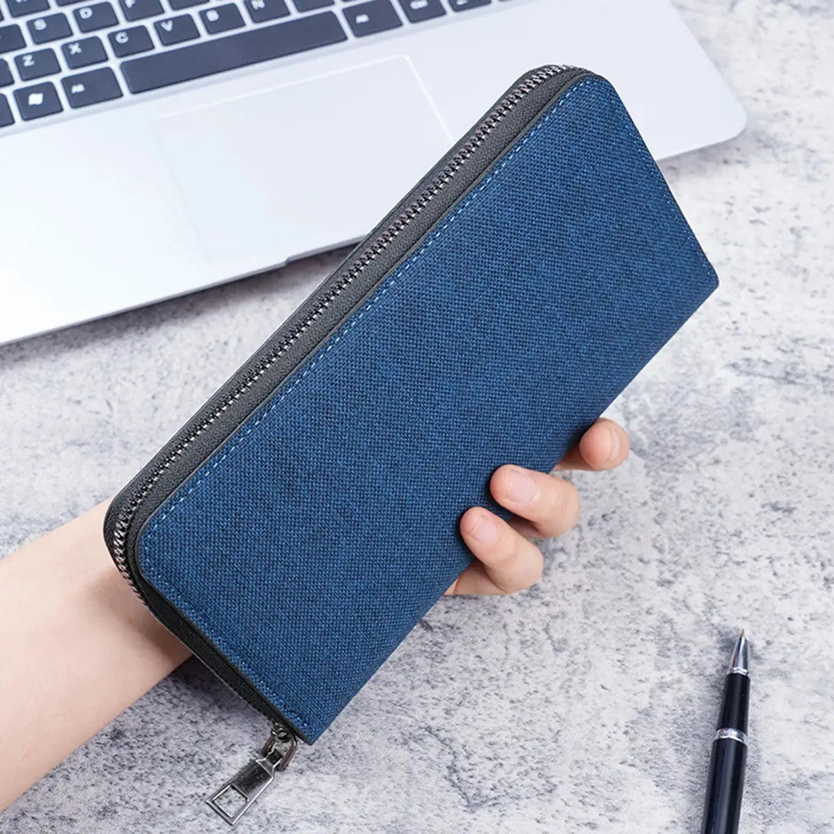 Simples Market men's blue canvas long wallet with zipper, large capacity and multiple card slots